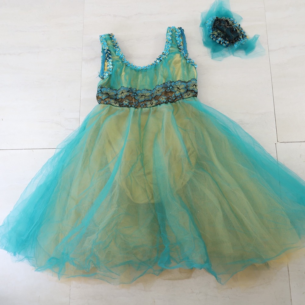Revolution Dance Costume Girls Size SC Dark Blue Gold Layered Sequin Hair‎ Piece